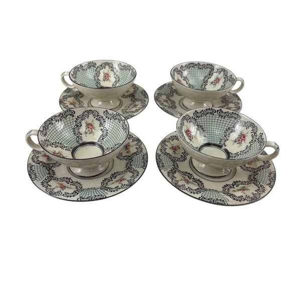 Vintage Empire Ware Tea Cups & Saucers Set of 4 Floral Black Lattice England - Picture 3 of 9